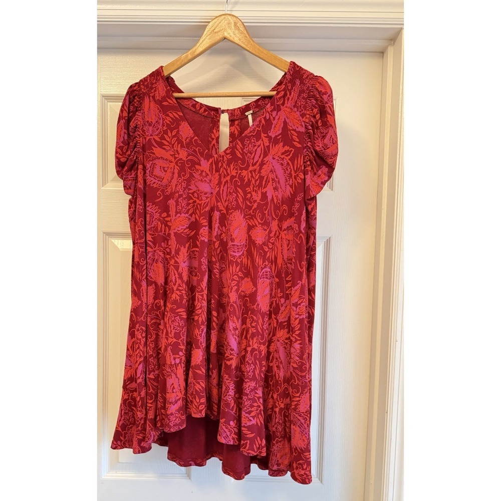 Free People Mini Dress Womens Small Red Pink Floral Paisley Ruched V-Neck Boho